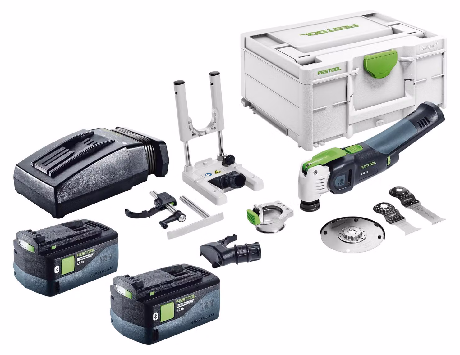 Set base Festool OSC 18 E con oscillatore a batteria 18 V Starlock Max Brushless + 2 batterie da 5,0 Ah + caricabatterie + set di 7 accessori + Systainer