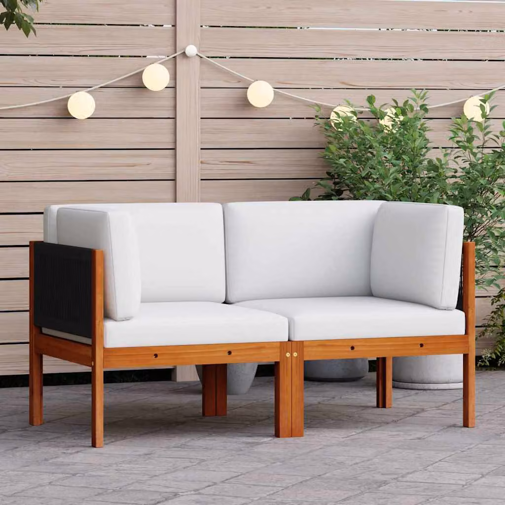 Set di 2 divani angolari da giardino vidaXL in legno di acacia con cuscini bianchi e neri