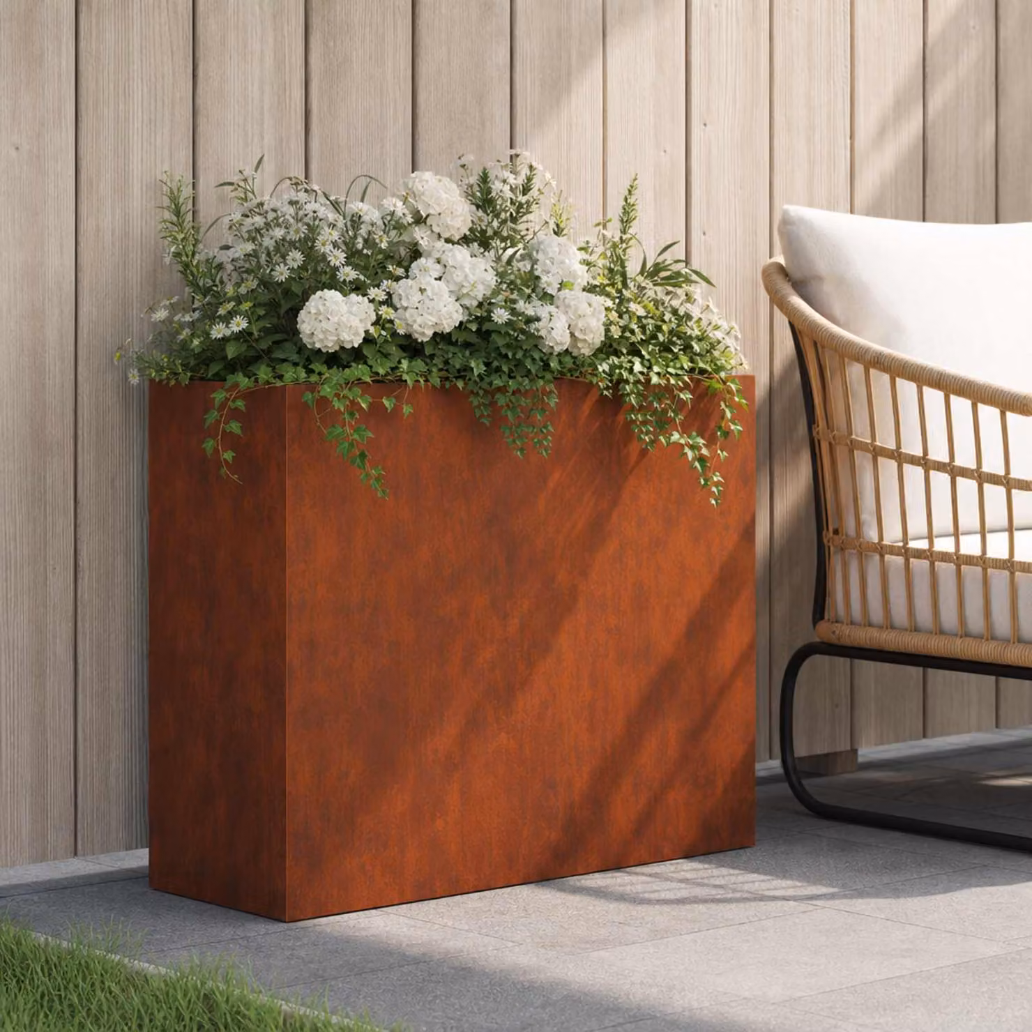 vidaXL Vaso da giardino in acciaio color marrone L: 50 cm, P: 20 cm, H: 40 cm