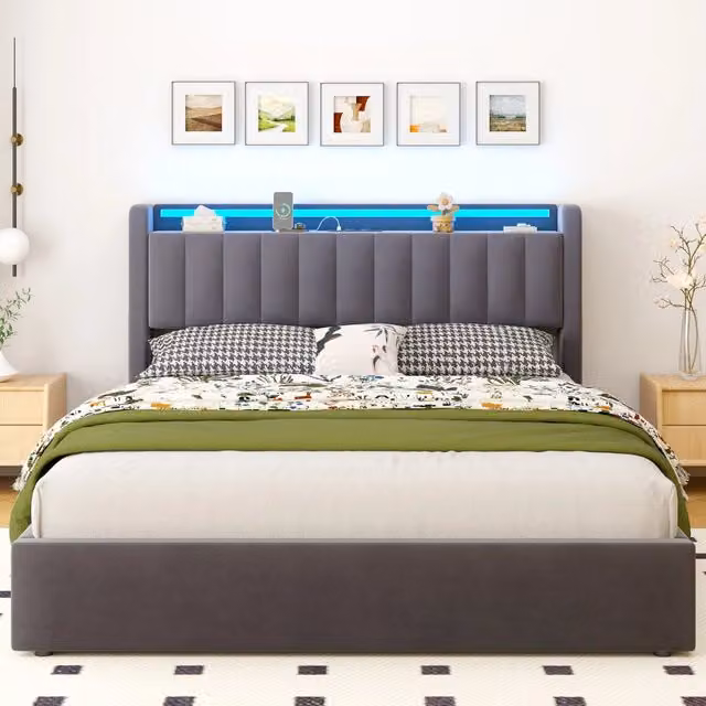 LETTO Imbottito 160 x 200 cm Grigio Scuro con Contenitore, USB e LED