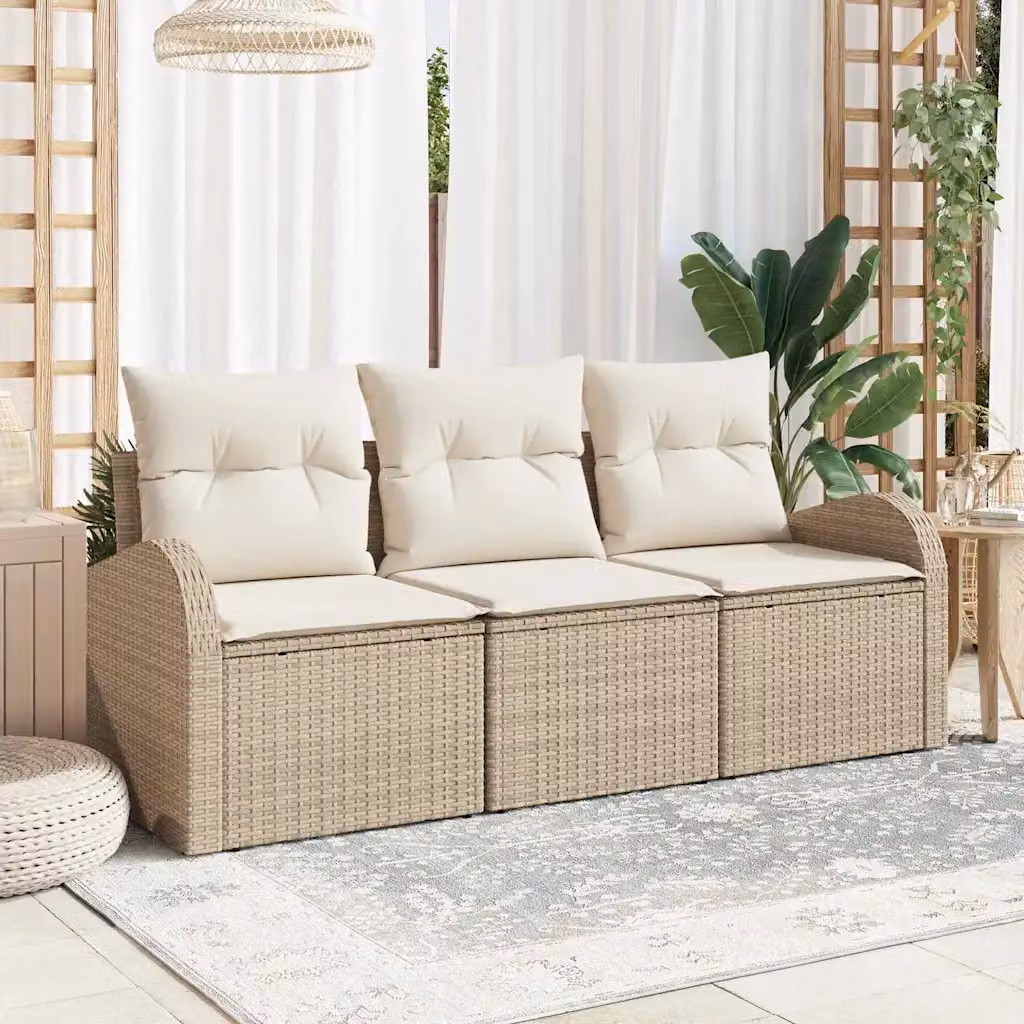 Set Divano da Giardino vidaXL Beige con Cuscini Imbottiti e Struttura in Acciaio e Polyrattan