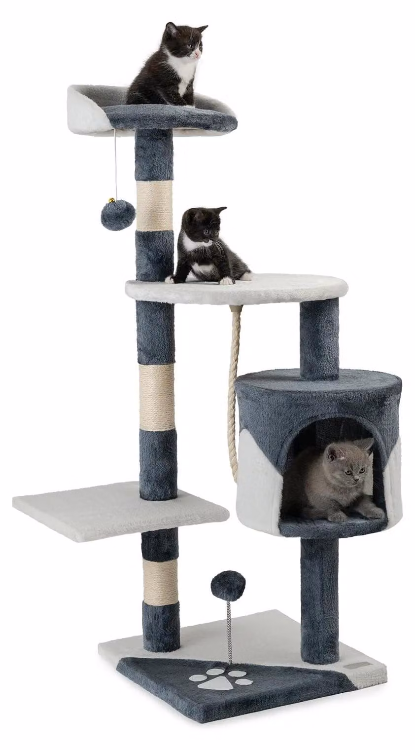 tiragraffi lionto per gatti alto 112 cm, con grotta, corda in sisal, palline di peluche e supporto da parete, albero compatto per arrampicarsi, grigio/bianco