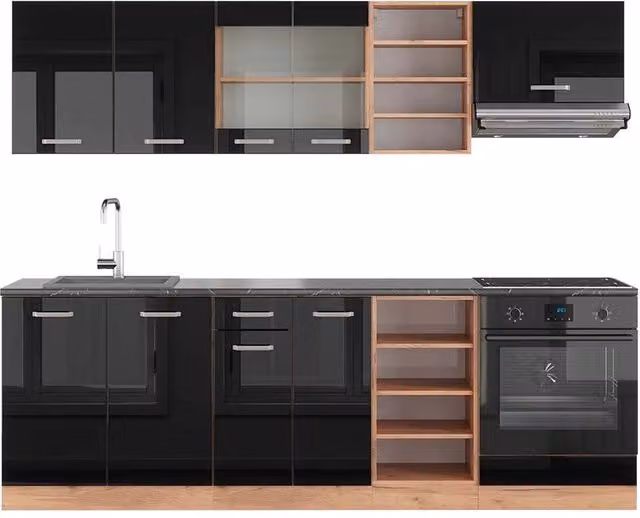 Cucina componibile moderna Vicco R-Line in MDF con ante in vetro e illuminazione integrata, Nero lucido e Rovere dorato, L: 240 cm, P: 60 cm, H: 170,5 cm