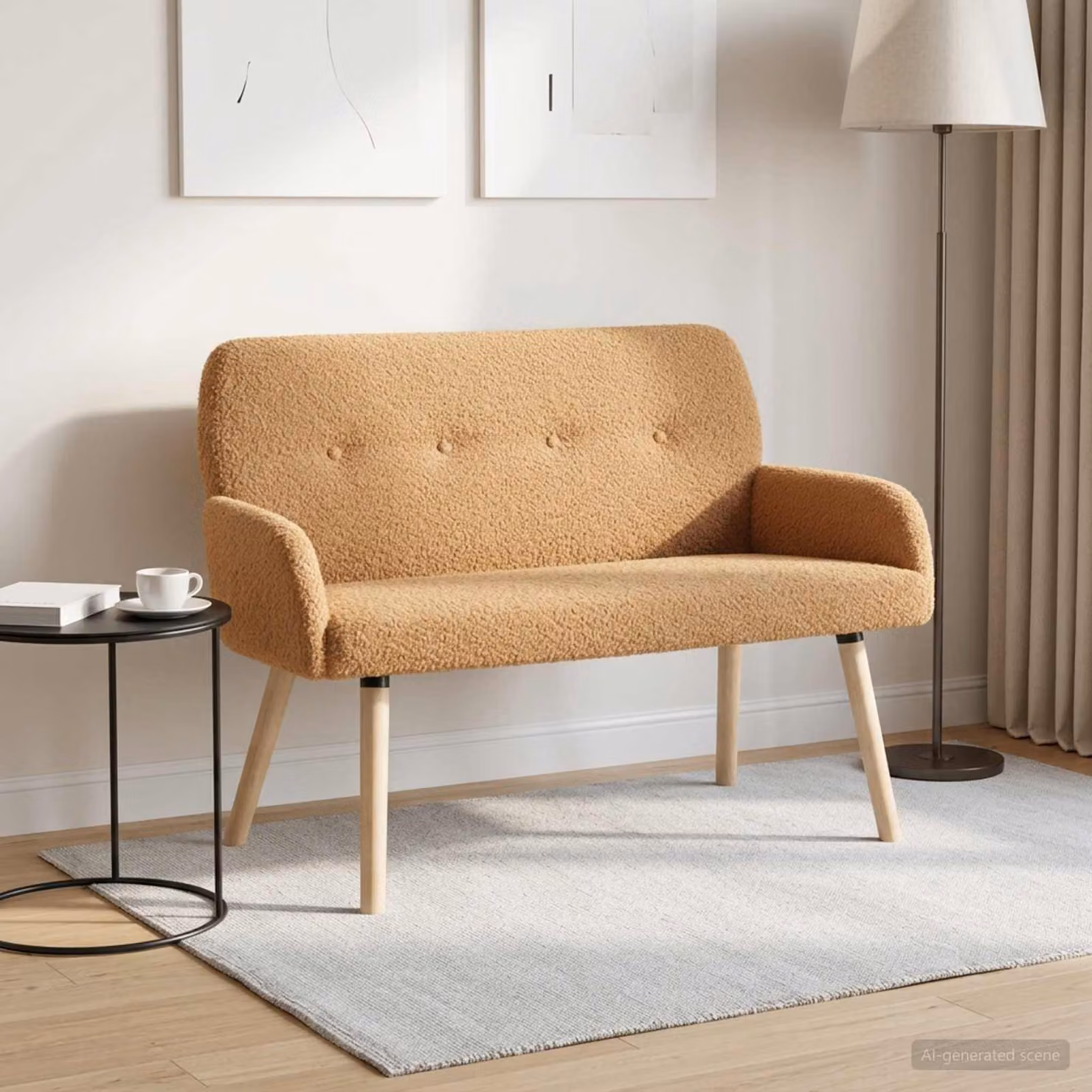 vidaXL Divano a 2 Posti Moderno in Tessuto Bouclé Beige con Gambe in Legno e Metallo L: 115 cm, P: 58 cm, H: 86 cm
