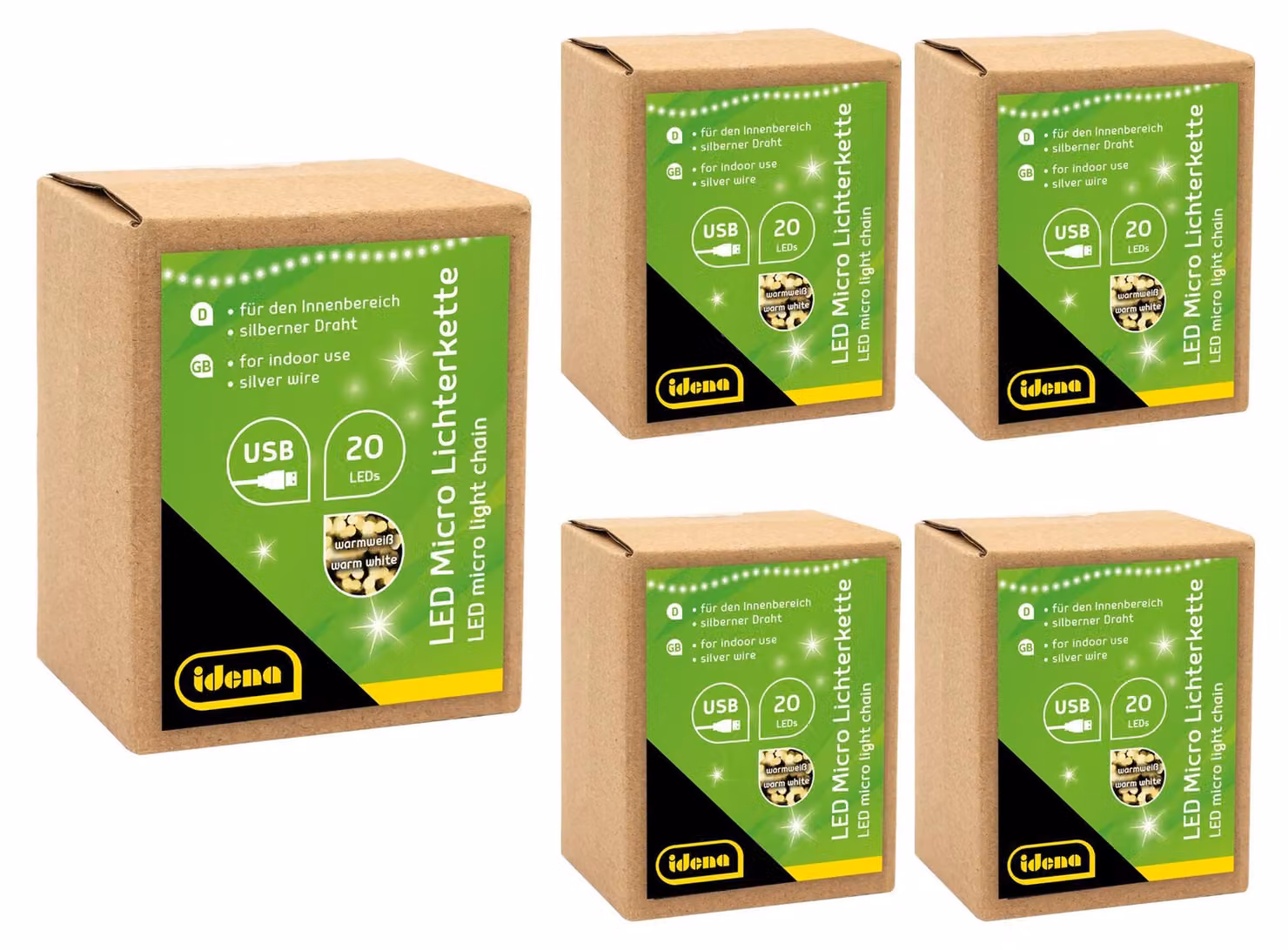 Catena di micro-luci a LED, confezione da 5 pezzi, luce bianco caldo, alimentazione USB, lunghezza 1,25 metri, ideale per decorazioni d'interni