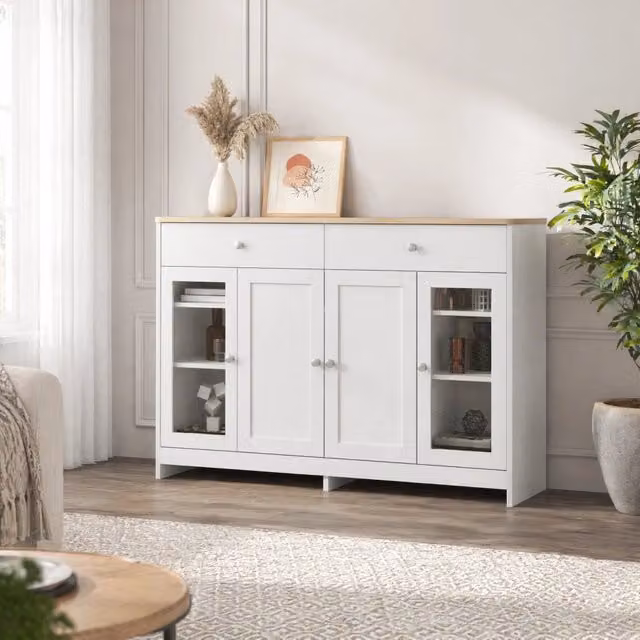 Sideboard rustico bianco e legno con 2 cassetti e 4 ante, ideale per cucina, sala da pranzo o soggiorno, Larghezza: 120 cm