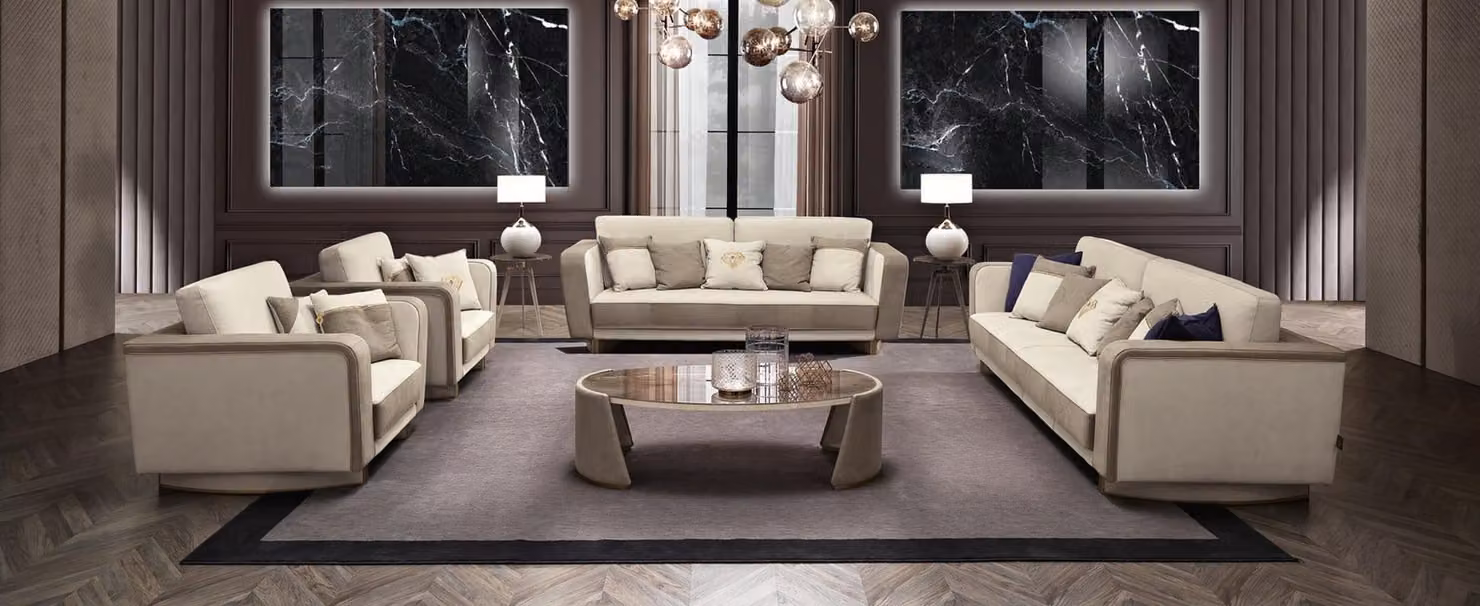 Luxus Möbel Sofagarnitur Couch Sofa Polster 3 3 1 1 Sitzer Couchtisch Holz 5tlg.