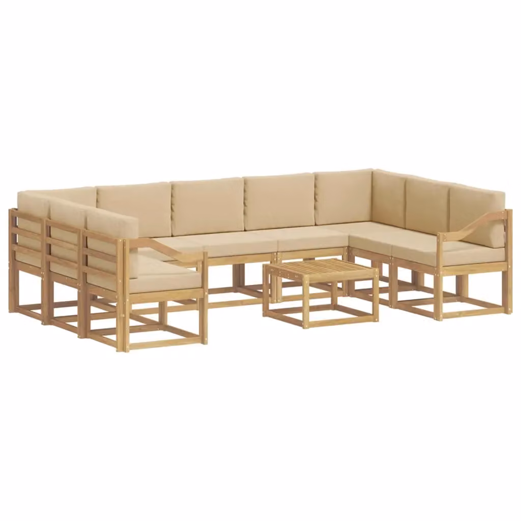Set di divani da esterno vidaXL a forma di U composto da 10 pezzi in legno di acacia con cuscini in poliestere bianco e beige – 2
