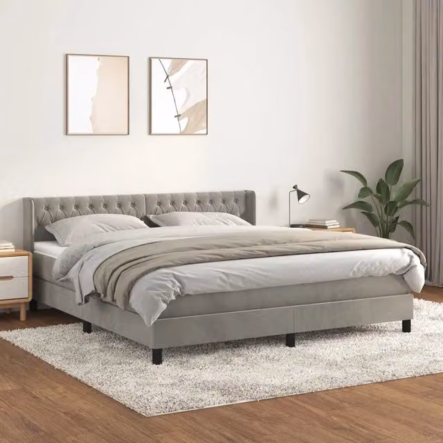 Letto Ibrido vidaXL con Giroletto a Molle e Materasso in Velluto Grigio Chiaro e Bianco, Struttura in Legno di Larice e Metallo, L/P/H: 160 x 200 x 88 cm – 1