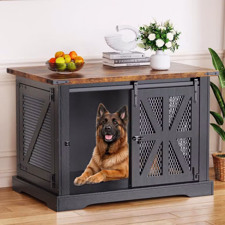 Gabbia per cani da 110 cm, trasportino per cani con tre porte, porta scorrevole, struttura in legno e rete metallica, colore nero, dimensioni 110x74x81 cm