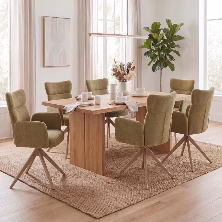 Set di 6 sedie da pranzo modello HWC-N11, sedia girevole con meccanismo di ritorno automatico, rivestita in tessuto bouclé (350g/m²), colore verde oliva, gambe effetto legno