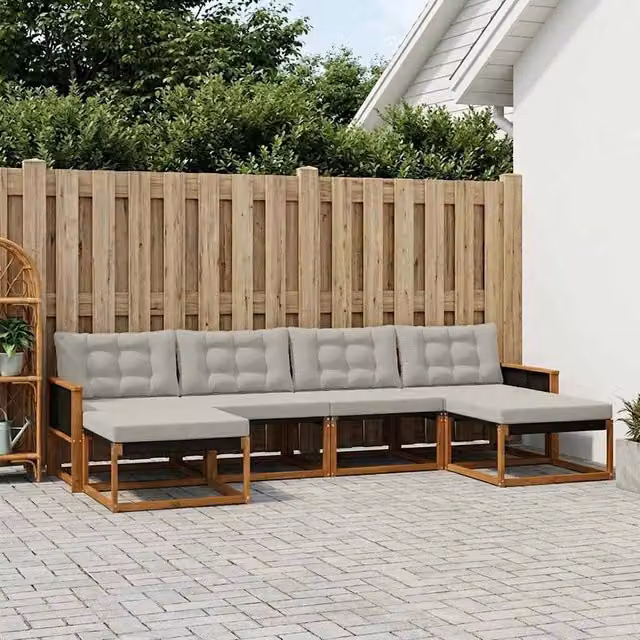 Set di divani da esterno a L con ottoman vidaXL in legno di acacia e textilene, beige e grigio, 6 pezzi – 1