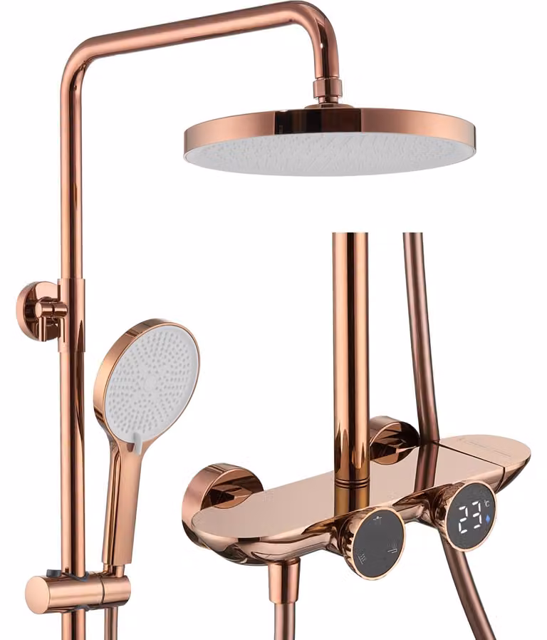 Sistema doccia in rosa oro, 3 funzioni, display digitale, set completo