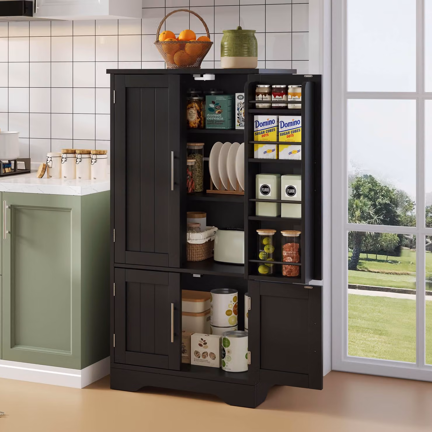 okwish mobile buffet laterale con LED e 2 ripiani regolabili, mobile da cucina con ripiani ad anta e dispositivo antiribaltamento, con maniglie in metallo, nero