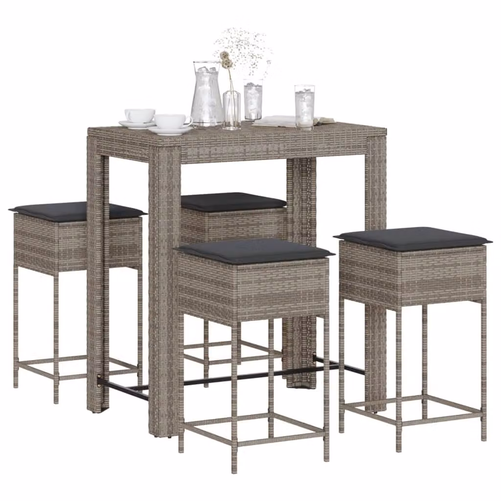 vidaXL Set Bar da Giardino 5 pz in Polyrattan Grigio con Cuscini