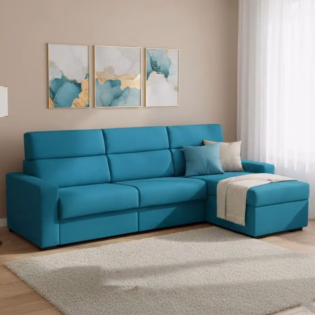 Divano Letto Celleno DMORA con Penisola Sfoderabile Made in Italy, Azzurro, L/P/H: 280 x 160 cm