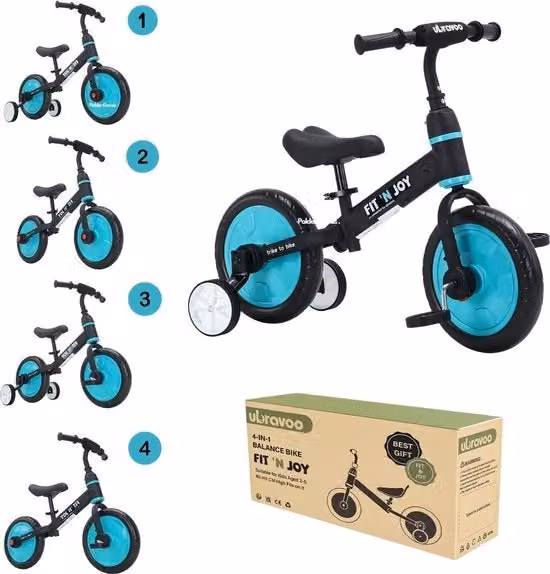 Ubravoo Triciclo 4 in 1 per bambini con sella regolabile e ruote in EVA foam, colore nero