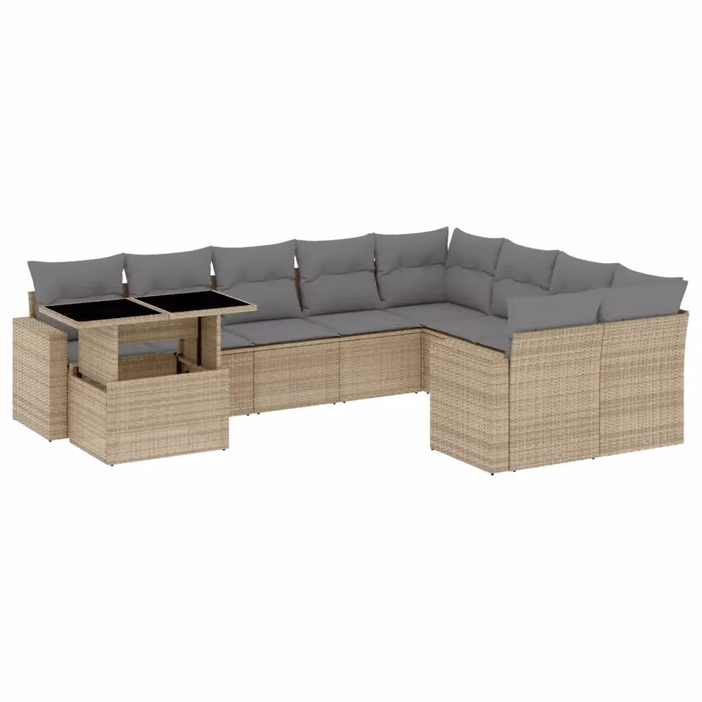 Set Divano da Giardino vidaXL 10 pz a Forma a L con Cuscini Beige e Tavolino, Struttura in Metallo e Polyrattan Resistente ai Raggi UV – 2