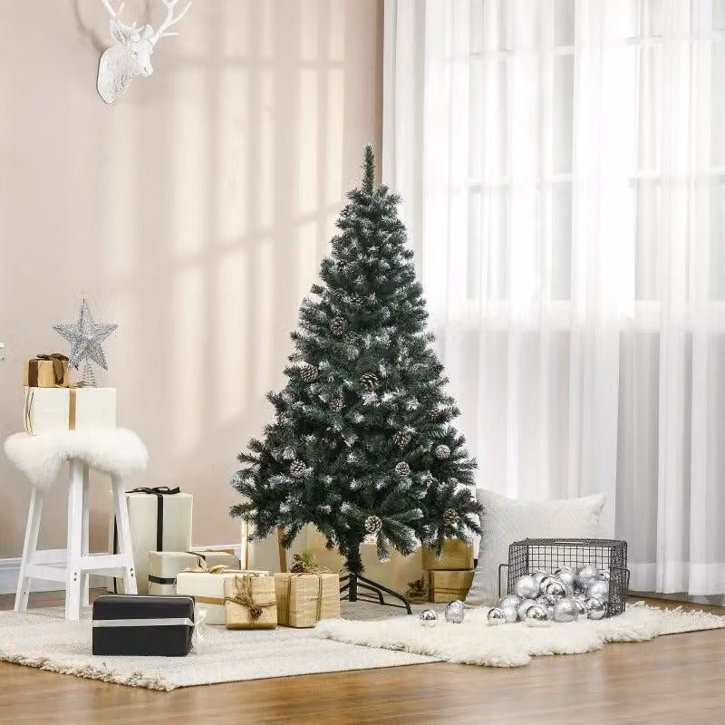 Albero di Natale artificiale, altezza 150 cm, con 676 rami e decorato con neve – Albero di Natale dall'aspetto realistico, con pigne