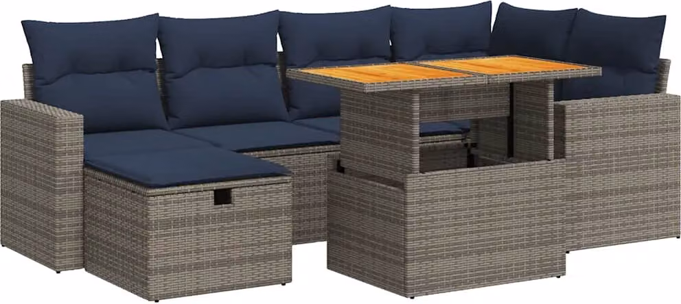 Set Divani da Giardino con Cuscini 7pz Nero Polyrattan Acacia