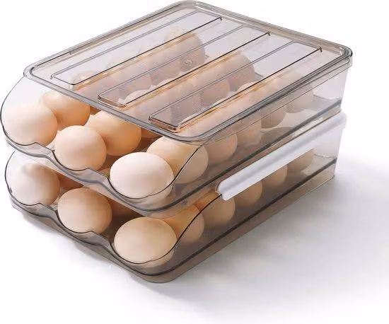 Portauova capiente con vetro trasparente per il frigorifero, organizer in plastica a 2 ripiani per la conservazione delle uova