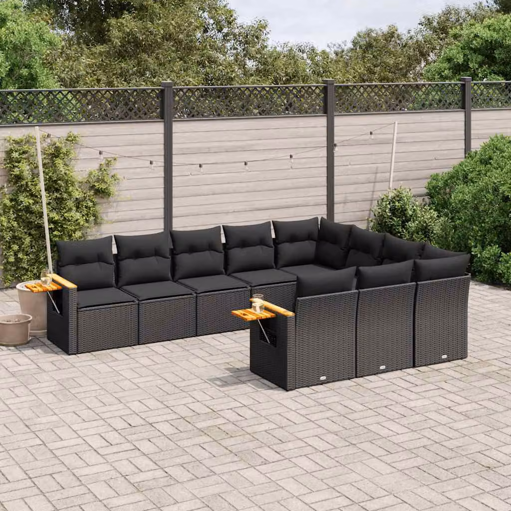 vidaXL Set Divani da Giardino 10pz in Polyrattan Nero con Cuscini e Tavolino da Esterno – 1
