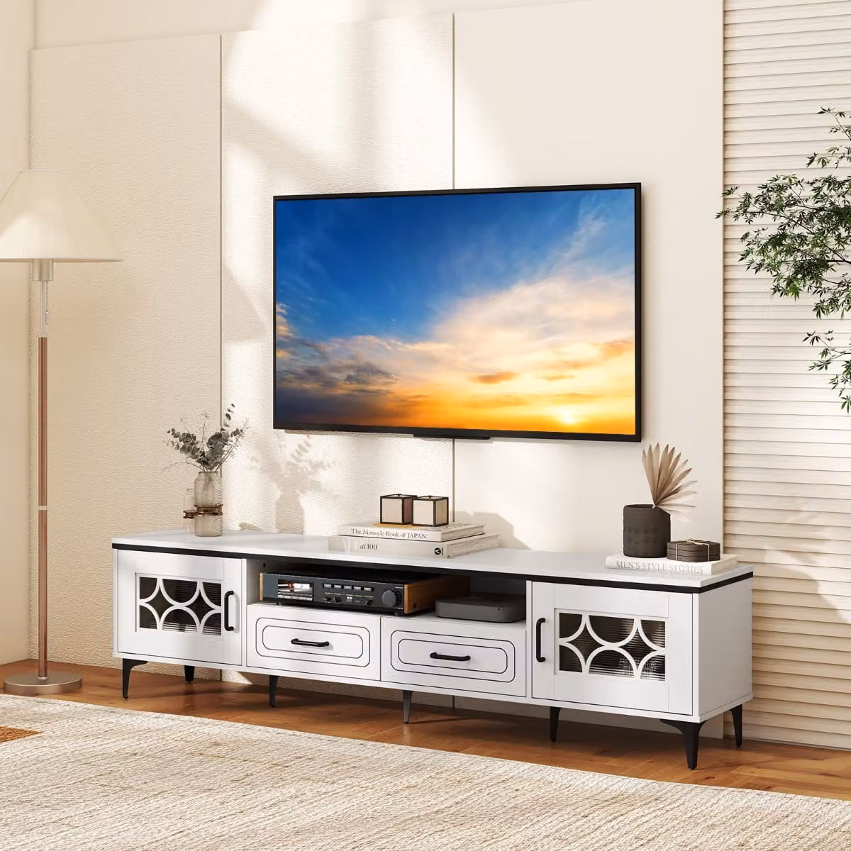 Mobile TV Costway in legno bianco per televisori fino a 80 pollici, consolle media moderna per soggiorno con vani contenitori, L: 180,5 cm