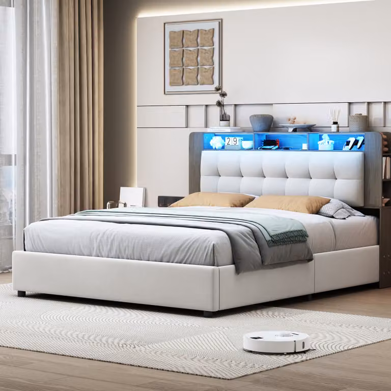 Letto imbottito 140x200cm con rete a doghe, contenitore e illuminazione LED, velluto, bianco