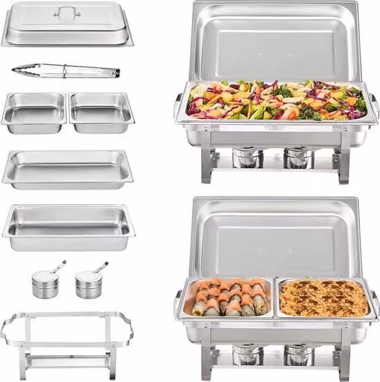 Set di riscaldamento per cibi - 2 grandi contenitori e 4 piccoli contenitori - 60x35x32 cm - Capacità di 7,5 L cadauno - Acciaio inossidabile