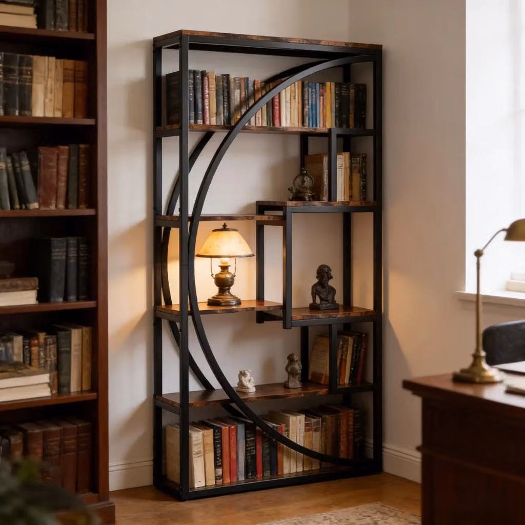 Libreria moderna WISHDOR a 6 livelli con 8 vani aperti in metallo nero e legno marrone, L: 80 cm, P: 30 cm, H: 179 cm – 2