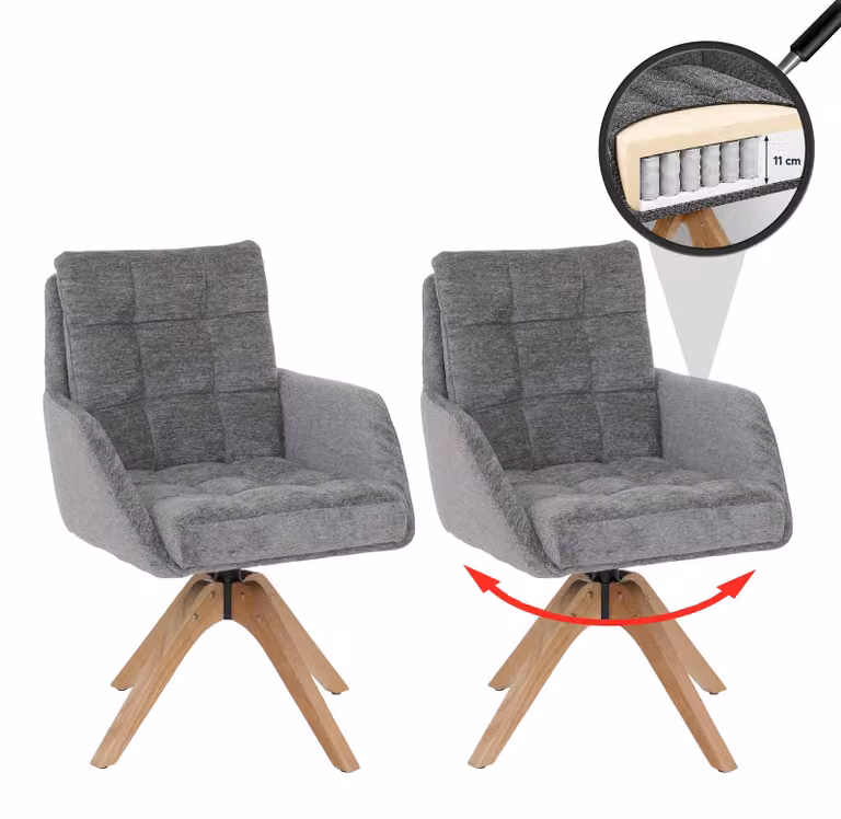 Set di 2 sedie da pranzo HWC-Q36, sedia per cucina, girevole, rivestita in tessuto chenille (680g/m²), struttura in legno MVG, colore grigio