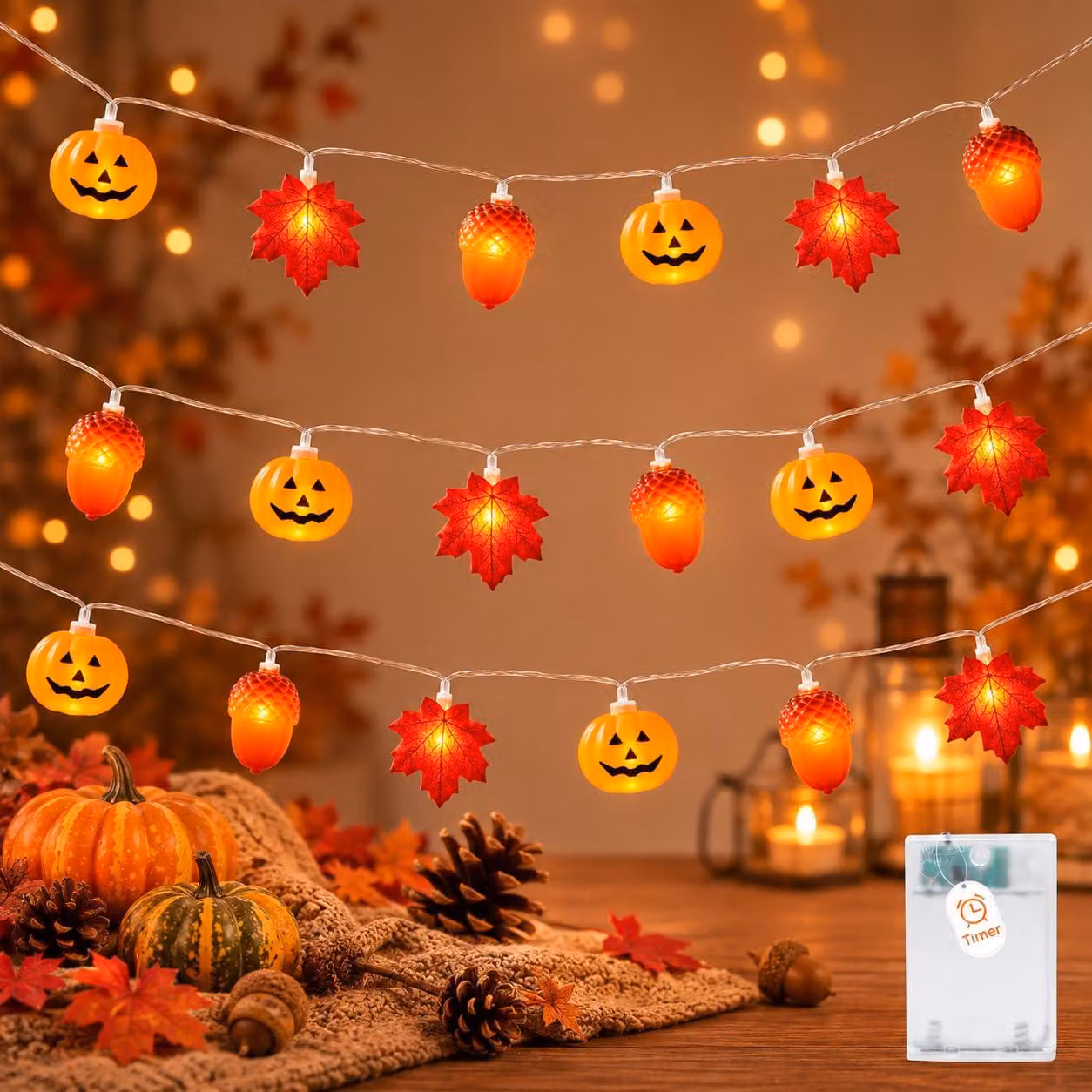 Catena luminosa autunnale, 3 metri, 20 LED, timer, 3 modalità, luce bianco caldo
