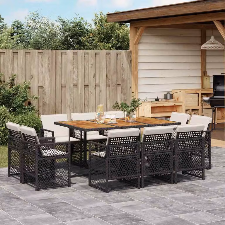 vidaXL Set da Pranzo da Giardino 11 pz in Polyrattan e Legno di Acacia con Cuscini Nero