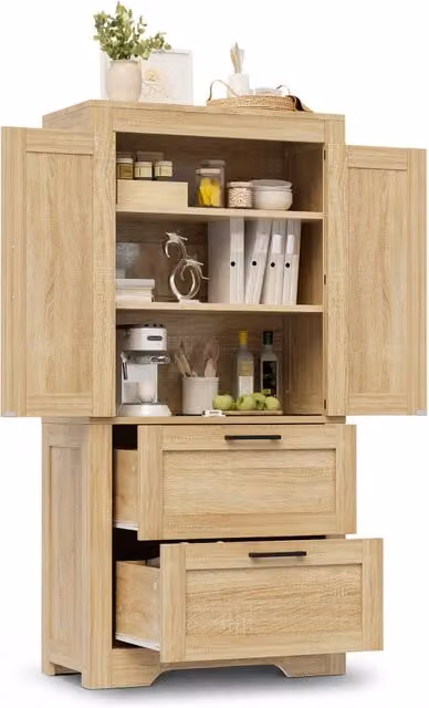 Mobile dispensa alto per cucina 60 x 30 x 128 cm; MDF color legno naturale con 2 cassetti