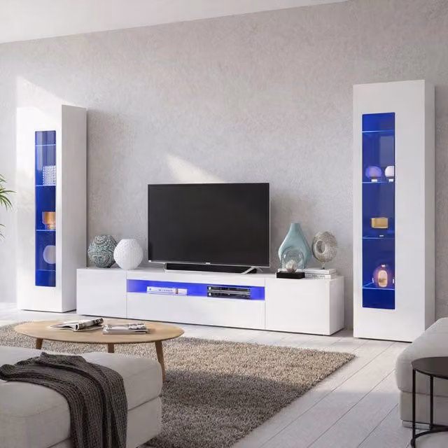 Parete attrezzata da soggiorno DMORA moderna in bianco lucido con illuminazione integrata L: 300 cm, P: 40 cm, H: 162 cm