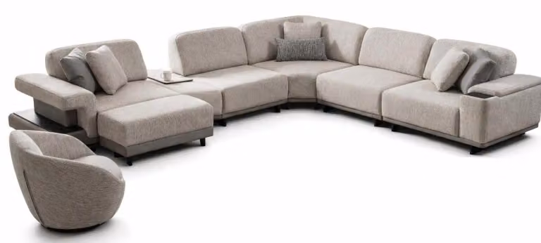 Set da salotto moderno grigio: divano ad angolo di design a forma di U, comodo, in tessuto