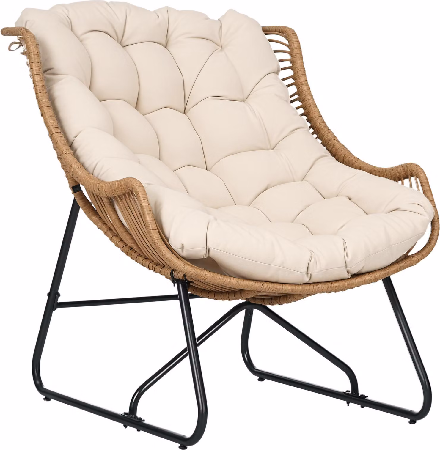 Lounge da giardino, effetto rattan, poltrona da esterno, con cuscino, struttura in metallo, 75x101x90 cm, naturale/kaki/nero