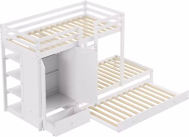Letto a castello 90x200 cm con letto estraibile; armadio e cassetti; bianco