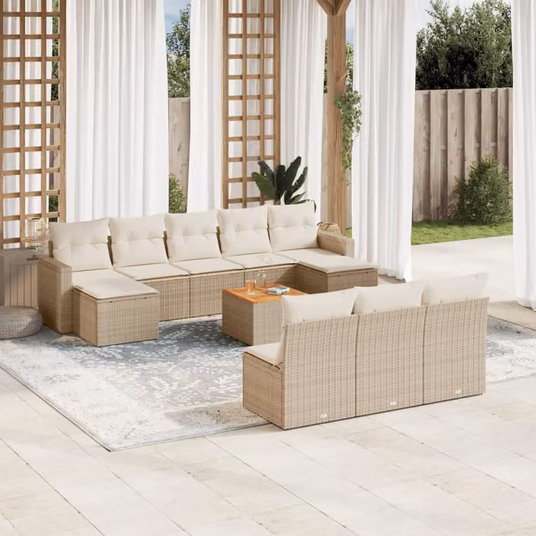 Set di divani da giardino vidaXL in polyrattan da 11 pezzi con cuscini beige e tavolino da esterno