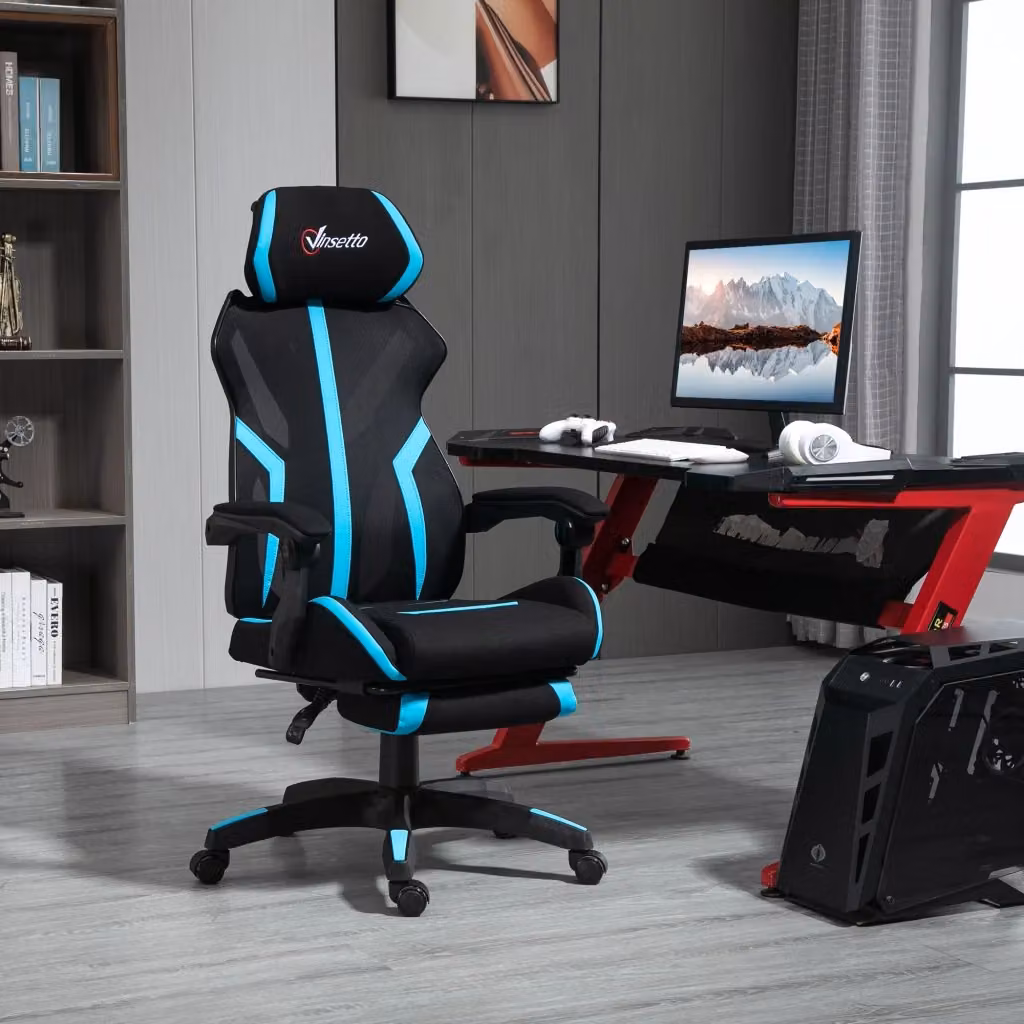 Sedia Gaming Minimal con Poggiatesta e Poggiapiedi Regolabile Nero e Blu L/P/H: 65 x 65 x 119-129 cm – 2