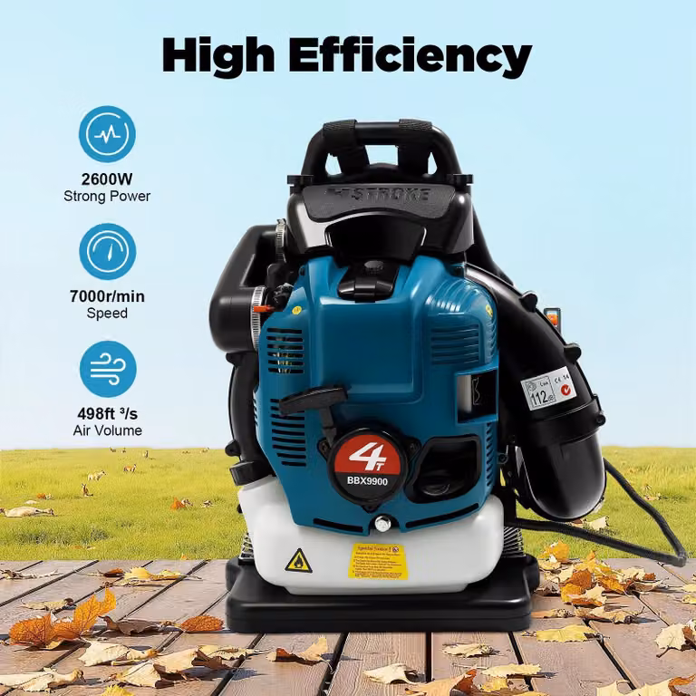 Soffiatore a zaino - Benzina 4 tempi - 75,6 cm³, 2,6 kW, 7000 giri/min - Serbatoio 1,9 l - Lunghezza del tubo 168 cm - Blu