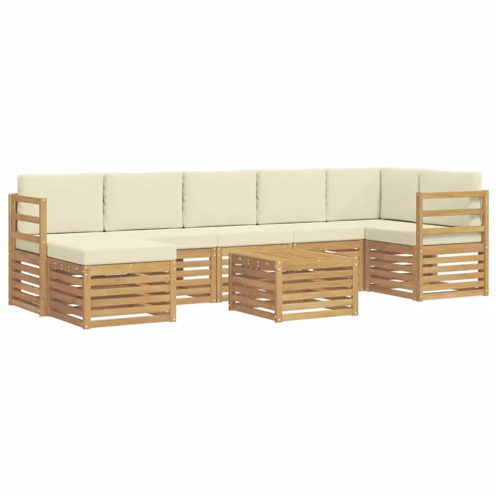 Set di divani da esterno a L con tavolino e pouf vidaXL, 8 pezzi, Bianco e Beige, in legno di acacia trattato con cuscini inclusi – 2