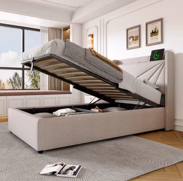 Letto singolo 90x200 cm beige rivestito in cotone e lino, contenitore e USB Type C, senza materasso