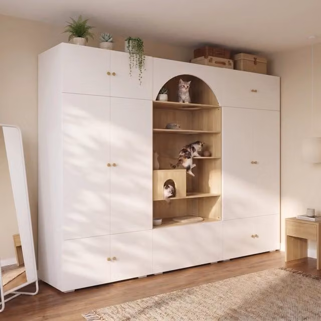 Armadio guardaroba 270 × 50 × 200 cm con parete per gatti e 12 vani contenitore in pannello truciolare bianco
