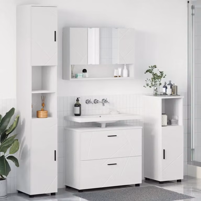 Set di mobili per il bagno vidaXL 4 pezzi Bianco con armadietto specchio, mobile lavabo, mobile laterale e colonna alta L/P/H: 35 x 30 x 192 cm