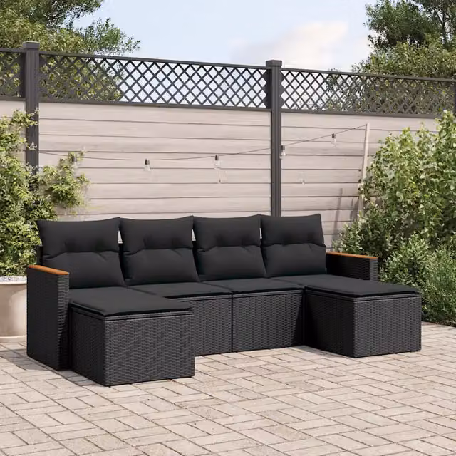 Set Divano da Giardino 6 pz con Cuscini-Sofa da Giardino-Divanetto da esterno Nero in Polyrattan 963148