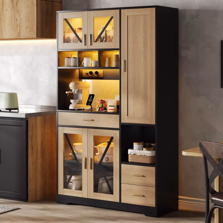 Mobile da cucina Flieks con illuminazione a LED e prese elettriche, vetrina con ripiani regolabili, mobile alto 105x40x185 cm, nero