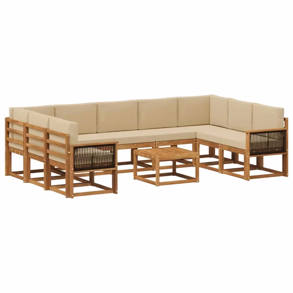 Set di divani da esterno a L con tavolino da caffè vidaXL in legno di acacia, colore beige e marrone, composto da 10 pezzi con cuscini inclusi – 2