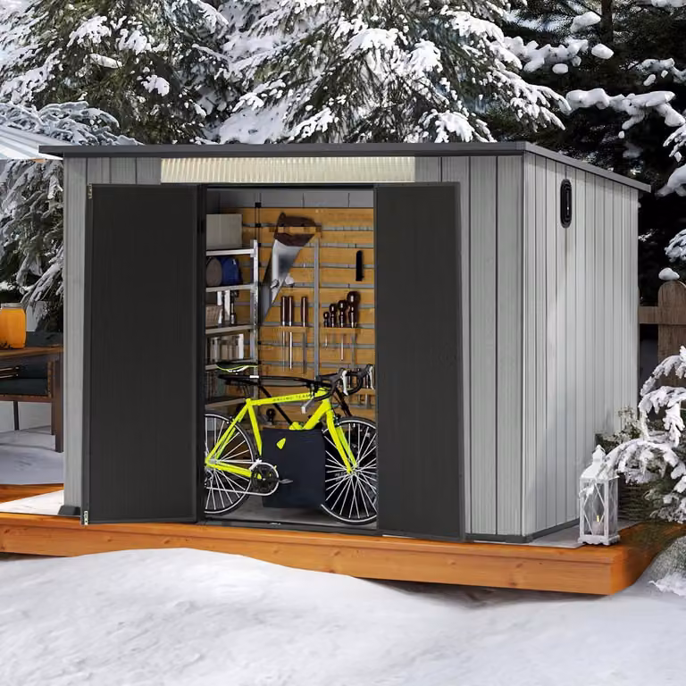 Casetta da giardino in plastica, dimensioni 1,9x2,8 metri, tetto inclinato, adatta a tutte le condizioni atmosferiche, a doppia parete, colore grigio
