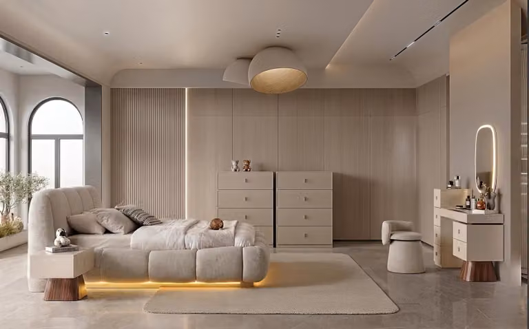 Set per camera da letto: letto, comodini, cassettiera, specchiera. Design moderno, colore beige